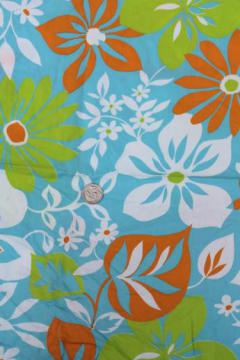 catalog photo of vintage 36 w cotton fabric w/ Hawaiian print flowers on pale ocean blue