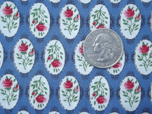 photo of vintage 36 w cotton quilting fabric, pink & blue rose cameo print #1