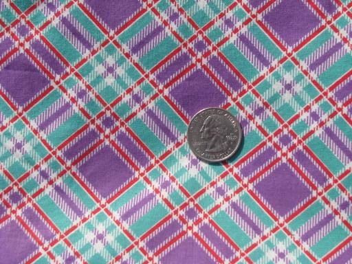 photo of vintage 36'' wide cotton fabric, lavender-purple plaid w/ jadite green #1