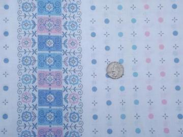 catalog photo of vintage 36" wide cotton fabric, pink and blue dots and daisies print border