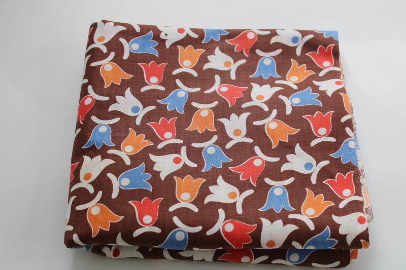 photo of vintage 36 wide cotton fabric, red orange blue tulip flowers on brown 3 1/2 yards #1