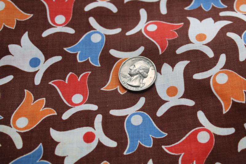 photo of vintage 36 wide cotton fabric, red orange blue tulip flowers on brown 3 1/2 yards #2