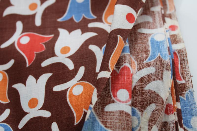 photo of vintage 36 wide cotton fabric, red orange blue tulip flowers on brown 3 1/2 yards #3