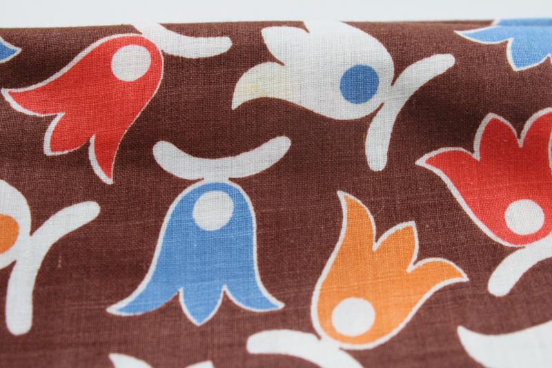 photo of vintage 36 wide cotton fabric, red orange blue tulip flowers on brown 3 1/2 yards #4