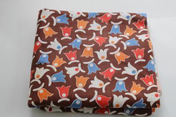 catalog photo of vintage 36 wide cotton fabric, red orange blue tulip flowers on brown 3 1/2 yards