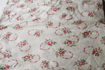 catalog photo of vintage 36 wide cotton flannel fabric, pink roses wreaths print girly granny print