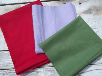 catalog photo of vintage 36 wide cotton quilting solids lot, red, jade green quilt fabric