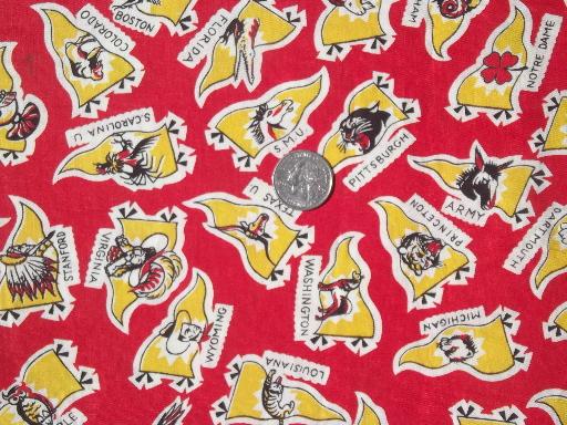 photo of vintage 36w cotton print fabric, college team pennants print 1940s 50s #1