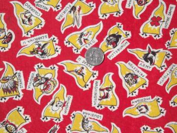 catalog photo of vintage 36w cotton print fabric, college team pennants print 1940s 50s