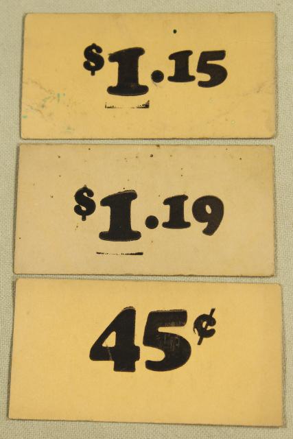 photo of vintage 5 & 10 cent five and dime variety store price tag signs stencil numbers graphics #6