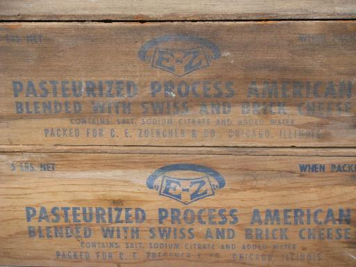 photo of vintage 5 lb E-Z Cheese boxes, primitive old wooden cheese boxes lot #5