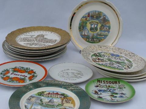 photo of vintage 50s - 60s souvenir plate collection, state maps & landmarks, 14 plates lot #1