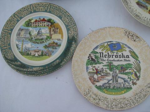 photo of vintage 50s - 60s souvenir plate collection, state maps & landmarks, 14 plates lot #3