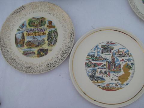 photo of vintage 50s - 60s souvenir plate collection, state maps & landmarks, 14 plates lot #4