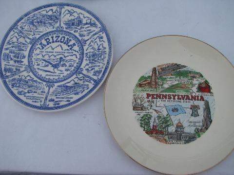 photo of vintage 50s - 60s souvenir plate collection, state maps & landmarks, 14 plates lot #7