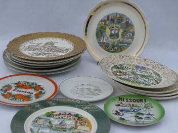 catalog photo of vintage 50s - 60s souvenir plate collection, state maps & landmarks, 14 plates lot