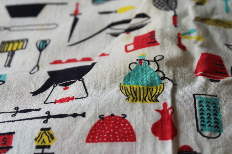 photo of vintage 50s MCM tiny print kitchen things red yellow turquoise on white cotton feed sack fabric  #2