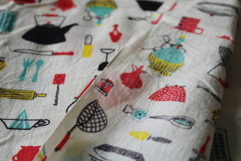 photo of vintage 50s MCM tiny print kitchen things red yellow turquoise on white cotton feed sack fabric  #3