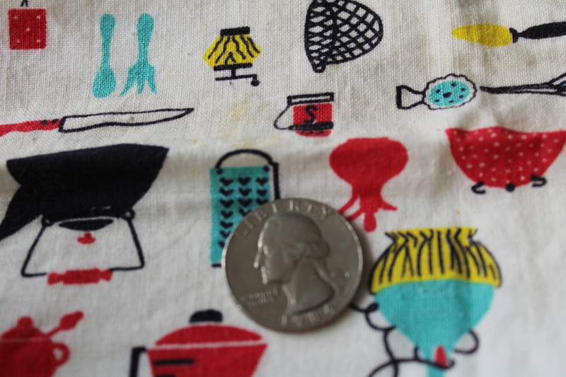 photo of vintage 50s MCM tiny print kitchen things red yellow turquoise on white cotton feed sack fabric  #4