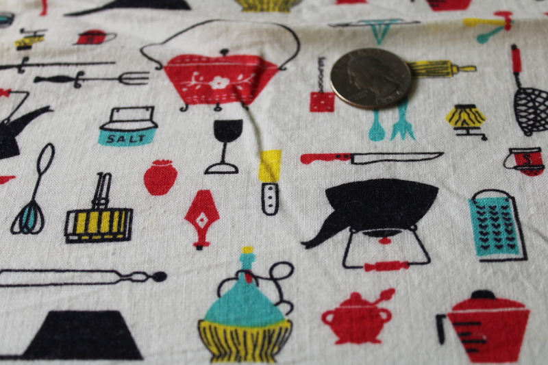 photo of vintage 50s MCM tiny print kitchen things red yellow turquoise on white cotton feed sack fabric  #5