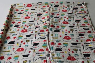 catalog photo of vintage 50s MCM tiny print kitchen things red yellow turquoise on white cotton feed sack fabric 