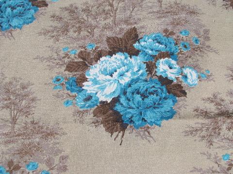 photo of vintage 50s cotton barkcloth fabric, cocoa brown w/ aqua blue roses floral #1