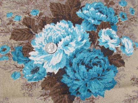 photo of vintage 50s cotton barkcloth fabric, cocoa brown w/ aqua blue roses floral #2