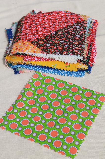 photo of vintage 60s 70s cotton print fabric squares, 80+ quilt block patches pinked edges #1