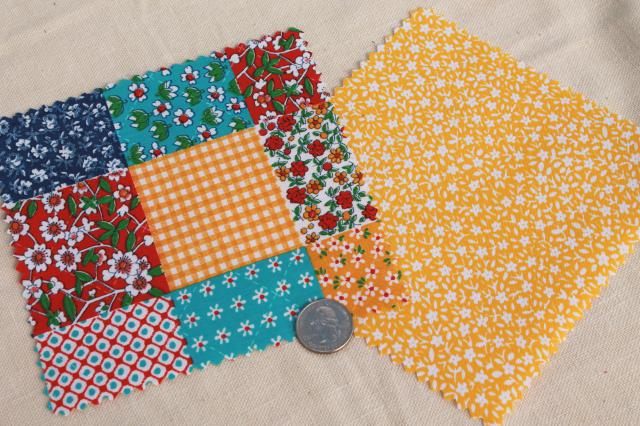 photo of vintage 60s 70s cotton print fabric squares, 80+ quilt block patches pinked edges #6