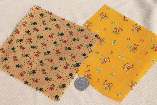 photo of vintage 60s 70s cotton print fabric squares, 80+ quilt block patches pinked edges #7