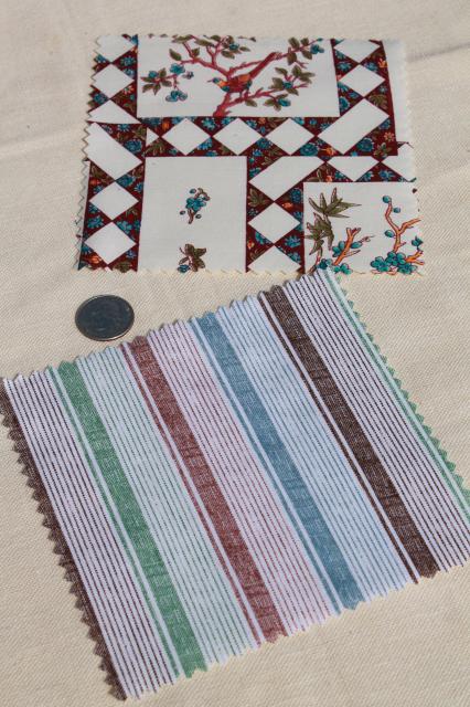 photo of vintage 60s 70s cotton print fabric squares, 80+ quilt block patches pinked edges #10