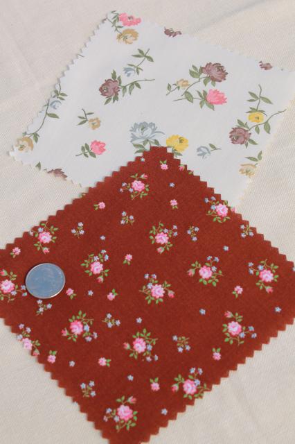 photo of vintage 60s 70s cotton print fabric squares, 80+ quilt block patches pinked edges #12