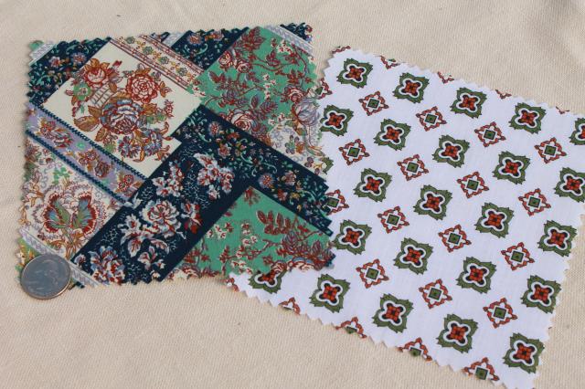 photo of vintage 60s 70s cotton print fabric squares, 80+ quilt block patches pinked edges #14