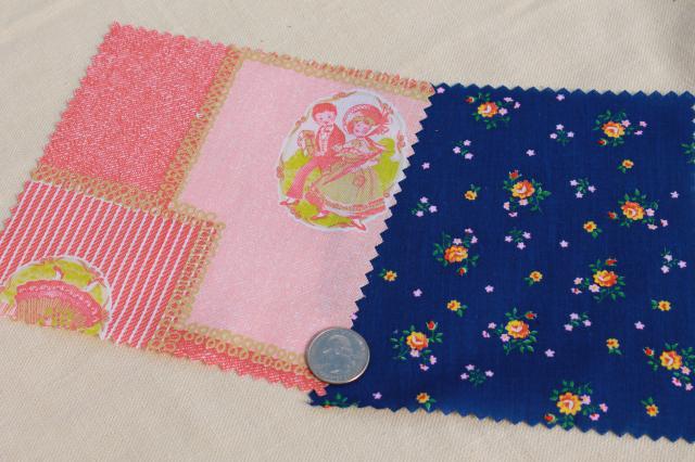 photo of vintage 60s 70s cotton print fabric squares, 80+ quilt block patches pinked edges #17