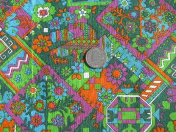 catalog photo of vintage 60s cotton fabric w/ orig label, psychedelic colors patchwork print floral