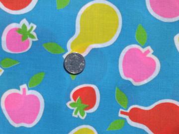 catalog photo of vintage 80s retro neon print fabric, bold bright fruit print on blue