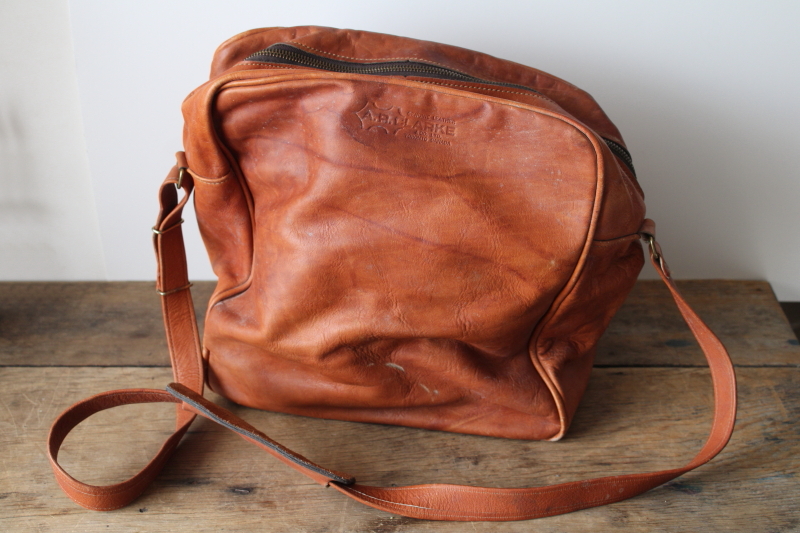 photo of vintage A R Clarke Canada british tan leather crossbody shoulder bag, unisex overnight travel tote  #1