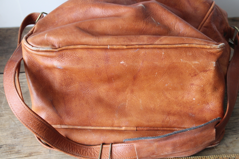 photo of vintage A R Clarke Canada british tan leather crossbody shoulder bag, unisex overnight travel tote  #5