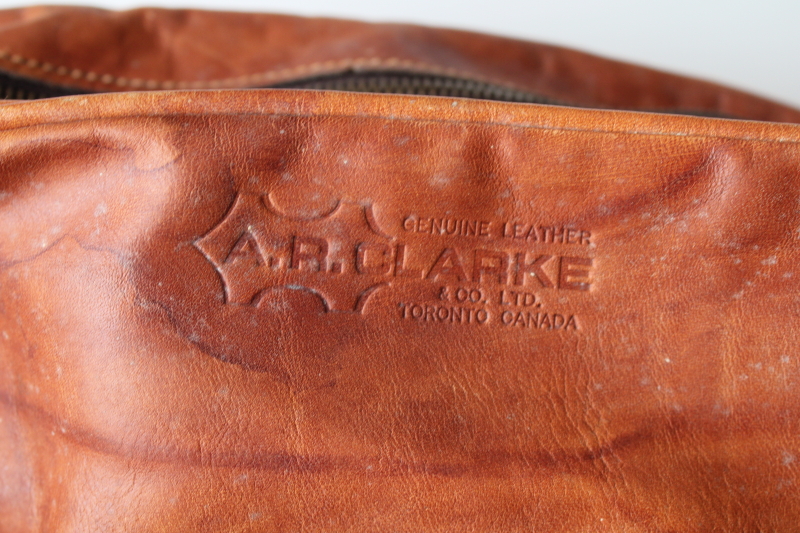 photo of vintage A R Clarke Canada british tan leather crossbody shoulder bag, unisex overnight travel tote  #6