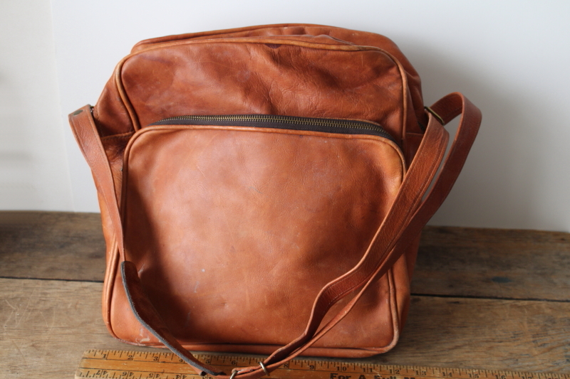 photo of vintage A R Clarke Canada british tan leather crossbody shoulder bag, unisex overnight travel tote  #8