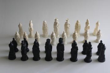 vintage ANRI ES Lowe medieval King Arthur chess set, carved wood look plastic chess pieces 