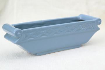 catalog photo of vintage Abingdon pottery planter, matte blue glaze long low flower box for succulents etc.