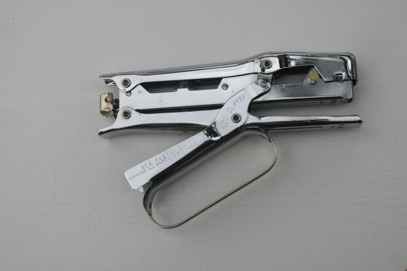 photo of vintage Ace Clipper 700 stapler, bag fastener tool w/ hand grip, clean & shiny  #1