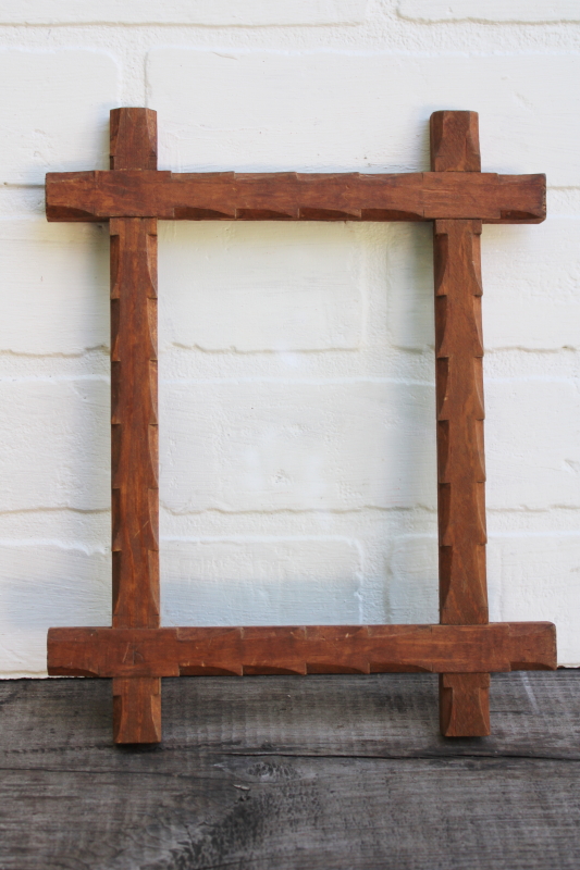photo of vintage Adirondack style hand carved wood picture frame w/ rustic twig corners  #1