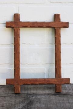 catalog photo of vintage Adirondack style hand carved wood picture frame w/ rustic twig corners 