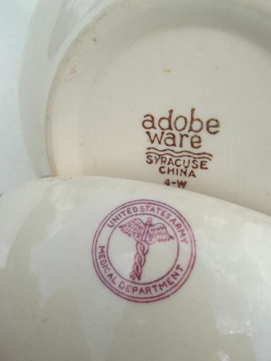 photo of vintage Adobe Ware restaurant china soup bowls, WWII US Army Medical Dept. #5