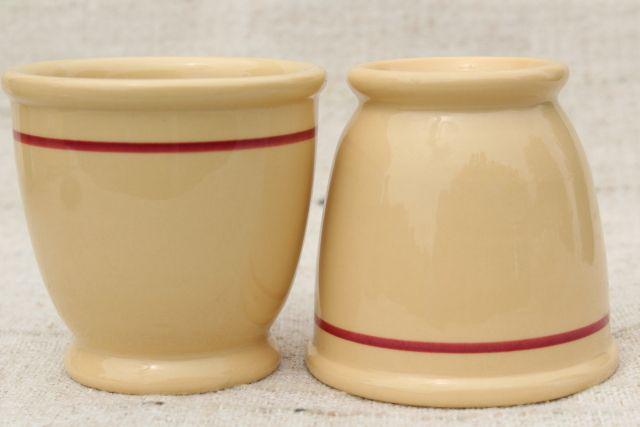 photo of vintage Adobe Ware tan Syracuse china, ironstone custard cup bowls w/ red band #6