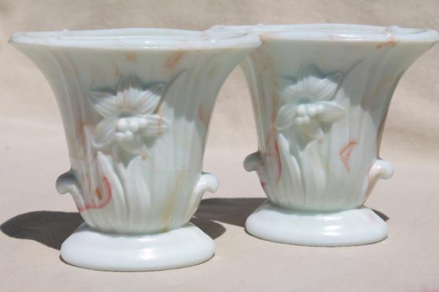 photo of vintage Akro Agate lily daffodil pattern glass vases in carmel slag glass  #1