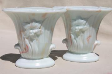 catalog photo of vintage Akro Agate lily daffodil pattern glass vases in carmel slag glass 