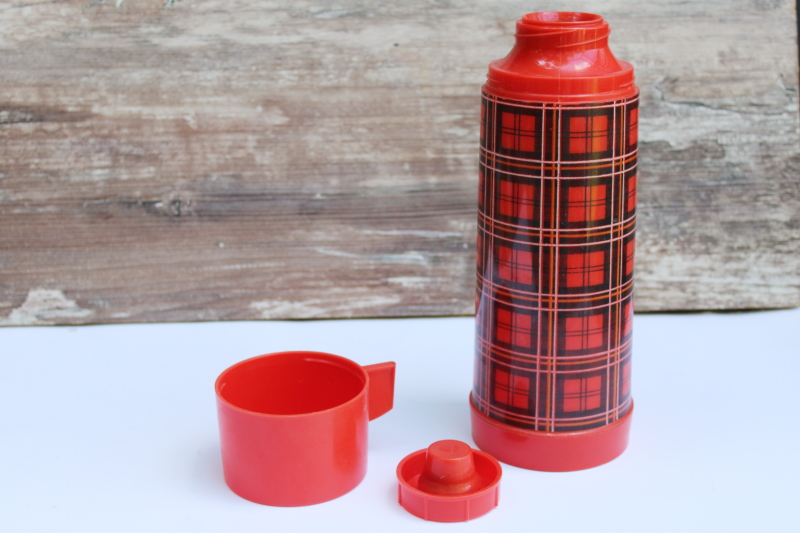 photo of vintage Aladdin Plaid red tartan thermos w/ plastic cup & stopper, glass lined bottle  #1